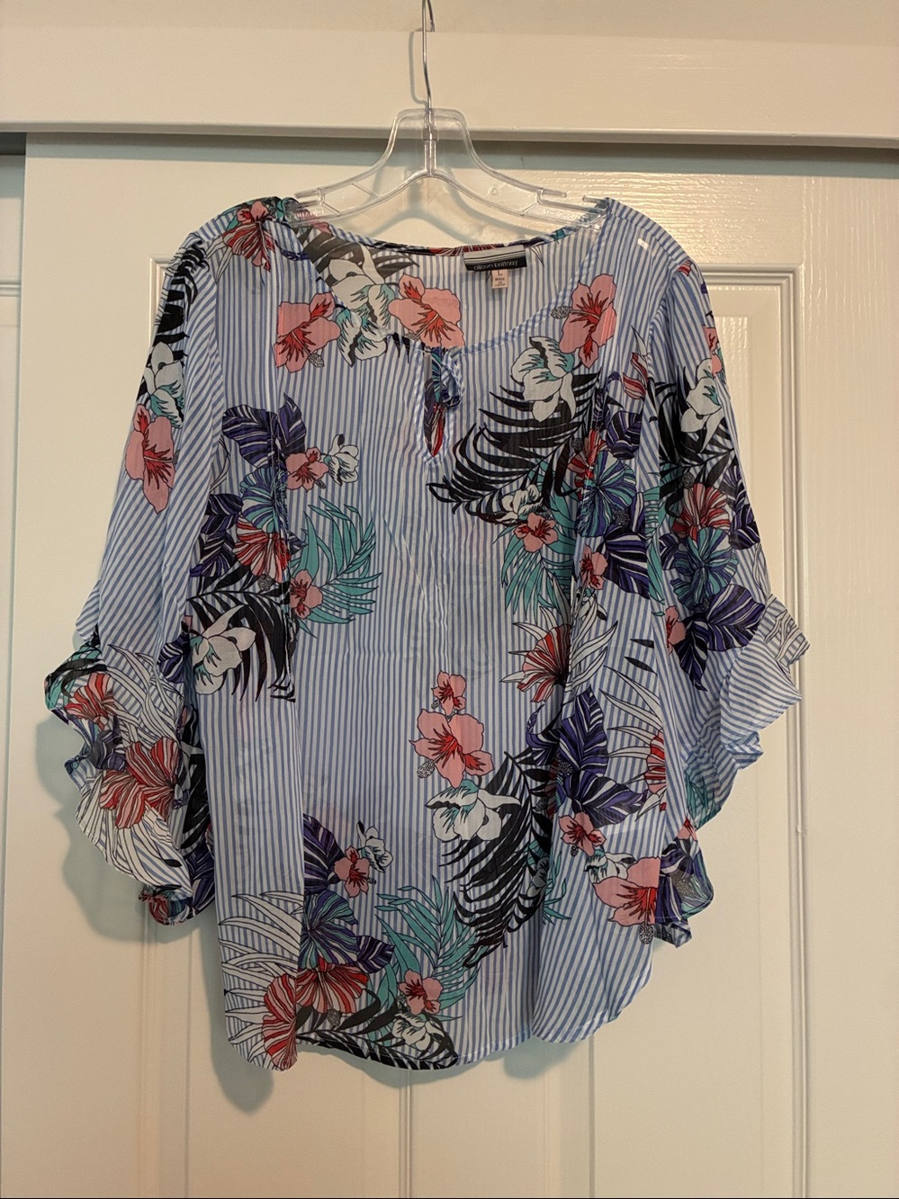 Allison Brittney Blue Striped Floral Ruffle Blouse
